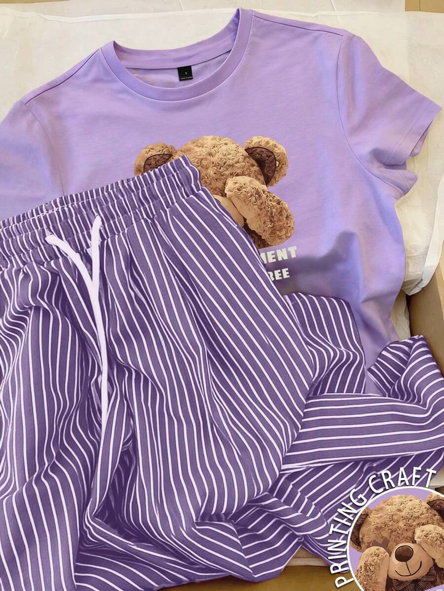 Resyla Bộ đồ nữ thường ngày gồm áo thun ngắn tay in hình gấu bông và chữ cái, cùng quần short kẻ sọc cạp chun, thích hợp cho mùa hè. - Màu tím - Xem 1