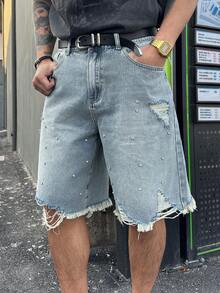 DAZY Men's Distressed Denim Shorts With Rivet Design, Casual Street Style, Summer - Blue - View 4