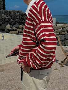 DAZY Men's Striped Patchwork White Collar Polo Shirt, Spring - Red - View 2