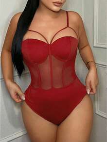 SHEIN SXY 女士性感网纱拼接吊带背心，胸前饰有绑带，春夏款 - 紅色 - 查看 3