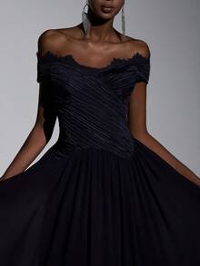 Elitara Elegant Luxury Textured Off-Shoulder Lash Lace Trim Ruched Maxi A-Line Dress, Evening Gown, Lightweight Mesh Dress, Valentine's Day - Navy Blue - View 5