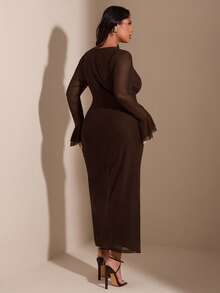 SHEIN BAE 大码优雅撞色网纱V领喇叭袖连衣裙，秋季 - 咖啡棕 - 查看 2