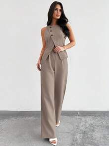 Firerie Women's Elegant Casual Urban Commute Office Wear Khaki Sleeveless Asymmetrical Collar Design Waist Cinched X-Shaped Fitted Blouse And Loose Wide Leg Pants Set, Spring/Summer Ladies Suit, Teacher Outfit, Graceful Commuter Attire - Khaki - View 7