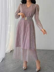 DAZY Robe longue élégante pour femmes avec décoration de sequins, robe scintillante, robe d'été - Rose bonbon - Voir 3