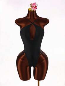 Amplova 一件式女士性感露背挂脖连体泳衣，带钢圈，适合度假和日常穿着 - 黑色 - 查看 6