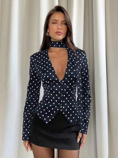 Aloruh Women's Contrast Polka Dot Print Long Sleeve Blazer