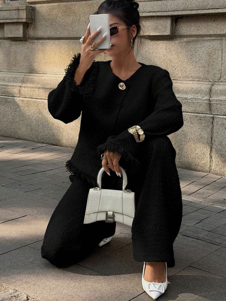 Elyressa 女士纯色拼接流苏袖口单排扣外套和裤子时尚两件套 - 黑色 - 查看 1