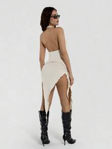SHEIN ICON Conjunto de 2 piezas para mujer con escote profundo en V, bajo asimétrico, espalda descubierta, cuello de halter y falda con abertura y lazo - Beis - Ver 6