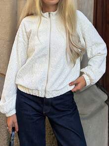 Livesso 女士休闲宽松蕾丝高领常规外套 - 杏色 - 查看 4