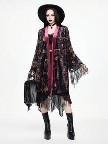 ROMWE Goth Dark Witch Crystal Ball Mysterious Eye Candle Holder Book Velvet Allover Print Patchwork Tassel Cover Up Shawl - Multicolor - View 1