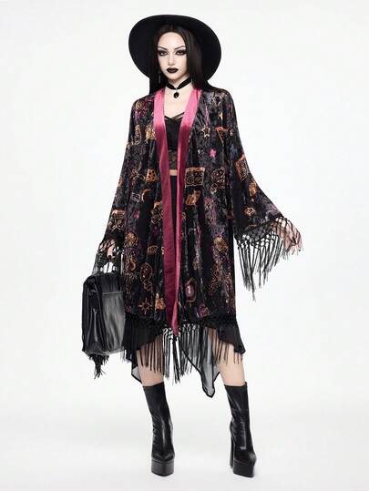 ROMWE Goth SpringDark Witch Crystal Ball Mysterious Eye Candle Holder Book Velvet Allover Print Patchwork Tassel Cover Up Shawl