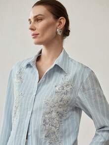 MOTF PREMIUM Hemd mit besticktem Mesh, Perlendetails und gestreiftem Muster - Blau - Übersicht 4