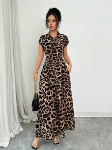 Rafferiza Đầm nữ thanh lịch họa tiết da báo, cổ bẻ, tay ngắn, cài cúc, eo. - Màu Tím - Xem 5