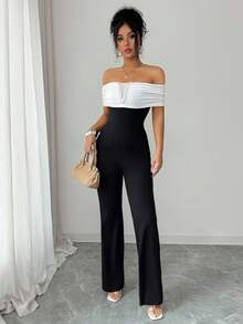 Rafferiza Women's Elegant And Sexy Black-And-White Contrast Off-The-Shoulder Slim-Fit Jumpsuit With A Fitted Waist,Suitable For Daily Wear/Business Attire/Commute Outfit/Relaxing Vacation/Dinner/Valentine's Day - Black - View 8