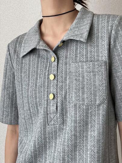 FRIFUL Women's Loose Fit POLO Collar T-Shirt, Textured Fabric, Metal Button Decor Summer