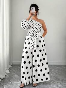 Elenzga Mono de pierna ancha de cintura ceñida con hombros oblicuos de manga larga y parches de lunares para mujer de talla grande, elegante, de moda, versátil, adecuado para salidas, primavera/verano - Blanco y Negro - Ver 5