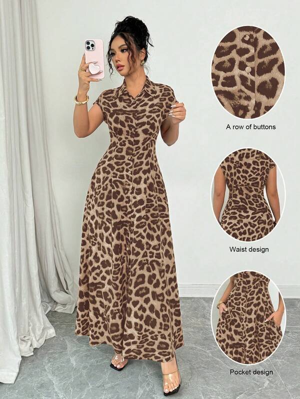 Rafferiza Women's Elegant Leopard Print Collared Short Sleeve Button Down Waist Dress