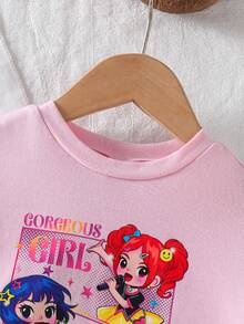 SHEIN 淡紫色，K-POP卡通女孩，可爱女婴休闲简约宽松圆领短袖T恤和喇叭裤两件套，适合秋季穿着，秋季穿搭，轻松舒适，秋冬叠穿，时尚童装，休闲服饰，儿童图案服装，秋季服装，时尚秋季，秋季新款2T女童T恤，女婴图案T恤，街头风女婴图案T恤，女婴服装，女婴夏季衬衫 - 玫紅色 - 查看 5