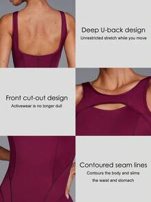 Menodora SHEIN Sport 女士纯色露背无袖连体衣 - 酒紅色 - 查看 9
