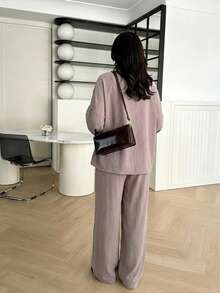 EMERY ROSE 2pcs Women Casual Loose Retro Linen Top And Pants Set - Coffee Brown - View 2