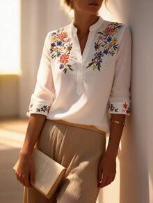 Balvessa Casual Split Collar Retro Print Women Shirt - White - View 3