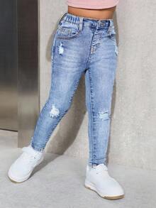Young Girl' Blue Denim Ripped Skinny Jeans - Light Wash - View 5