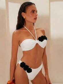 Swim Chiccia Bộ đồ bơi nữ màu trơn in hoa, bikini cho kỳ nghỉ hè ở bãi biển. - trắng - Xem 5