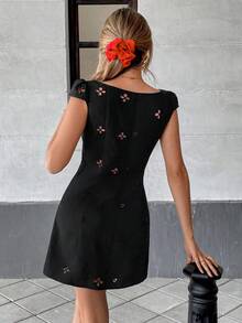 Serisse Embroidered Hollow Dress Mesh Dress Black Mini Dress Women Mini Solid Color Dress, Fashionable For Summer,Rave Outfits Festival Casual - Black - View 2