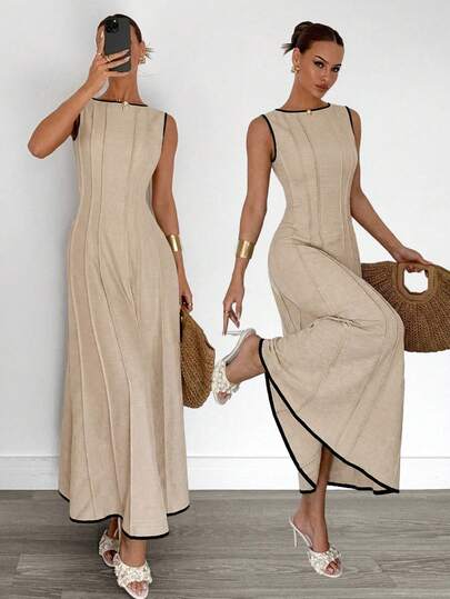 Siren Gaze Casual Apricot Sleeveless Women's Maxi Dress Round Neck Woven Fabric Long With Flared Hem And Plicated Detailing, Elegant Sleeveless Long Dress With Black Trim Sophisticated Summer Maxi Dress, Summer New Pleated Sleeveless A-Line Dress, Slim Fit Midi Dress With Crew Neck And Contrast Edging For Everyday Wear, Casual Evening Dresses, Beach Vacation Dresses, Linen Dresses,Summer Casual Beige Dresses Casual Long Dress Long Dress Women Tan Dress Women Beige Dress ,Summer Dress