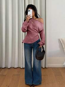 Siren Gaze Women's Solid Color Asymmetric Neck Ruffle Long Sleeve Top,Pink Top - Pink - View 4