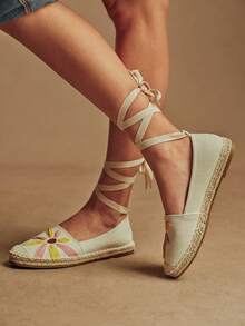 Rosivie 女士平底鞋，绳编鞋，撞色拼接花卉渔夫鞋，草编系带棉绳，波西米亚风度假沙滩日常编织一脚蹬休闲优雅时尚校园风 - 米色 - 查看 9