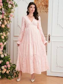 SHEIN Elegant Maternity V-Neck Long Sleeve Ruched Waist Dress - Pink - View 10