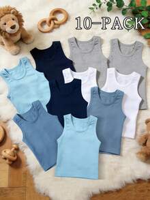 SHEIN 10件装男童舒适休闲无袖打底背心，简约设计，易于搭配，弹力透气针织面料，可机洗，穿着舒适，易于打理（5件单独出售） - 彩色 - 查看 3