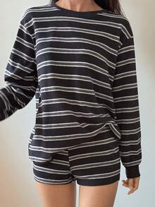 DAZY Conjunto de ropa de estar en casa informal de punto a rayas para mujer - Azul - Ver 7