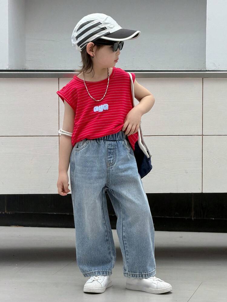 Young Boy Elastic Waist Pocket Loose Wide Leg Casual Jeans