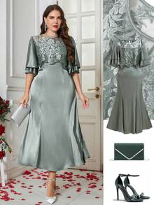 Ellevyn 大码优雅派对刺绣网纱拼接连衣裙 - 綠色 - 查看 5