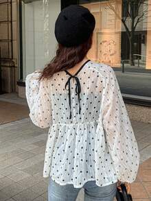 FRIFUL Women's Solid White Sheer Fabric Layered Polka Dot Textured Tie Neck Bow Loose Casual Blouse - White - View 3