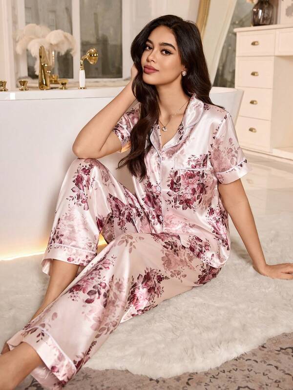 Women's Elegant Floral Print Faux Silk Lapel Cardigan Short Sleeve Pajama Set