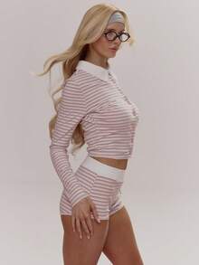 MUSERA Pink Stripe Autumn Cute Loungewear Picot Trim Collared Button Through Fitted Longsleeve Top With Mini Shorts Coord Sold As Set Girly Daily - Pink - View 3