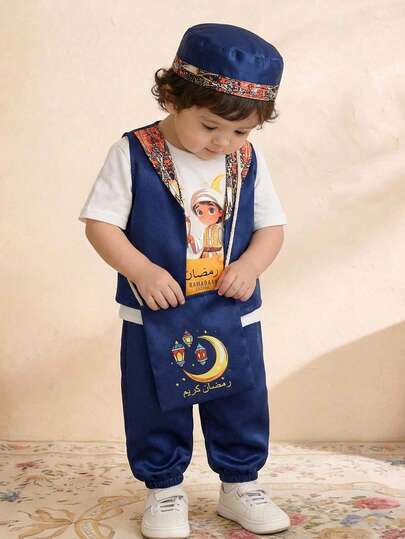 SHEIN 3pcs/Set Baby Boy Toddler Cute Boy Pattern White Short Sleeve T-Shirt, Navy Satin Vest, And Lantern Pants Set, Casual Traditional Vintage Floral Pattern Versatile Daily Wear, Suitable For Spring/Summer, Fit For Festivals And Celebrations