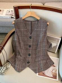 Elenzga 大码女式单排扣无袖马甲，优雅黑色收腰西装马甲，时尚百搭，适合工作、派对、休闲商务场合。棕色西装外套，格子印花，前襟纽扣，优雅长袖格子西装外套，宽松秋季女装，适合职场女性、商务女性、职业女性，适合办公室女性穿着。 - 彩色 - 查看 3
