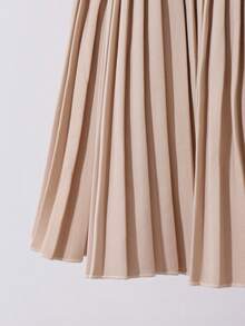 SHEIN Tween Girl Floral Decor Patchwork Pleated Hem Fashionable Cute Mandarin Collar Sleeveless Dress Girls Pleated Dress 3d Flowers Dress Girls Nude Dress - Khaki - View 6