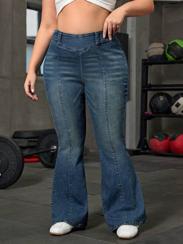 Flexra Plus Size Casual Everyday Washed Slant Pocket Flare Jeans