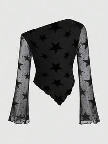 SHEIN Tween Girls Black Star Mesh Asymmetric Shoulder Knit Top, Casual Fashion Versatile - Black - View 2