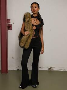 COUREZ 侧边系带喇叭裤 / Y2K 春季女装可爱性感黑色长裤外出派对狂欢夏季长裤 - 棕色 - 查看 1