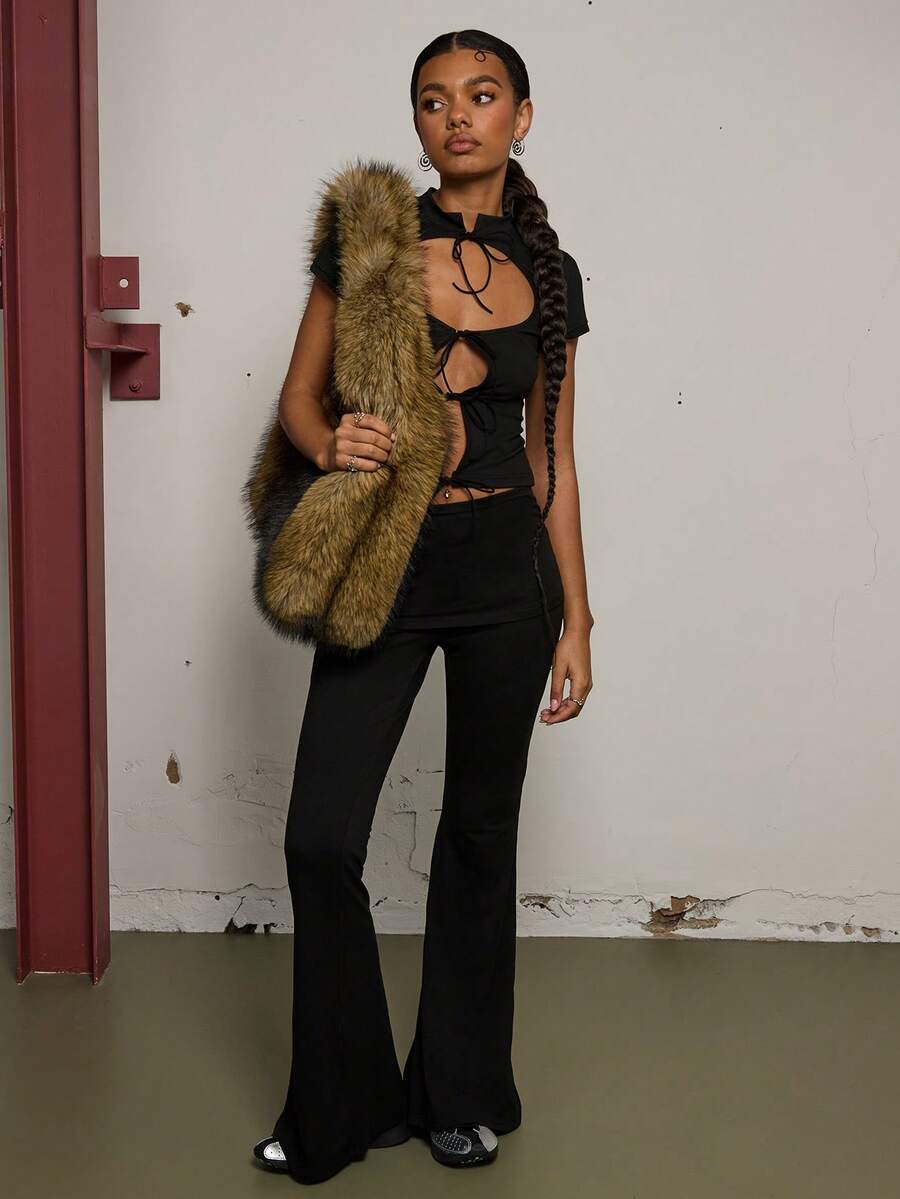 COUREZ 侧边系带喇叭裤 / Y2K 春季女装可爱性感黑色长裤外出派对狂欢夏季长裤 - 棕色 - 查看 1