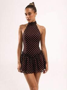 SHEIN BAE Braunes Polka-Punkt Rüschen-Saum ärmelloses Bodycon Minikleid, braunes Polka-Punkt Druckkleid - Braun - Übersicht 2