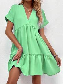 EMERY ROSE Women's Casual V-Neck Ruffle Hem Short Sleeve Dress, Summer Women's Dress Women's Summer Dresses Women Dress Resort Wear Women Vacation Dress Women Casual Dresses - Green - View 6