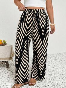 SHEIN Frenchy 大码女式腰带条纹阔腿宽松休闲裤 - 彩色 - 查看 6