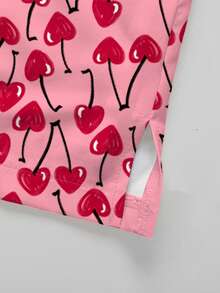 PopScrub Women's Fashion V-Neck Short Sleeve Pocket Ear-Hanging Split Scrub Set With Heart & Cherry Print Design - Multicolor - View 6